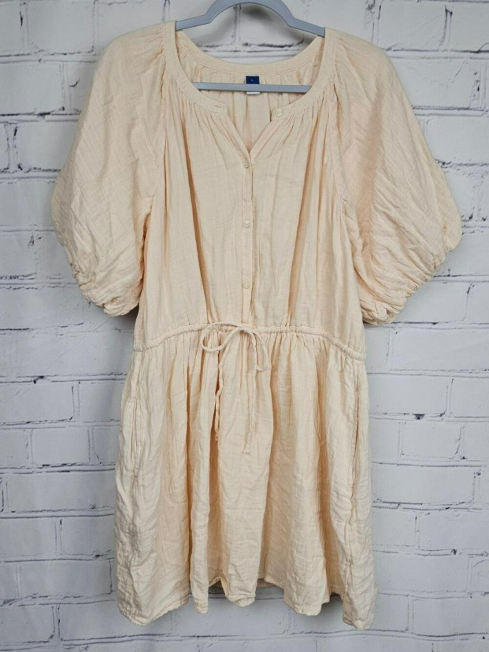 Old Navy Womens L Peach Cotton Gauze Button-Front Dress Puff Sleeve Mini Summer